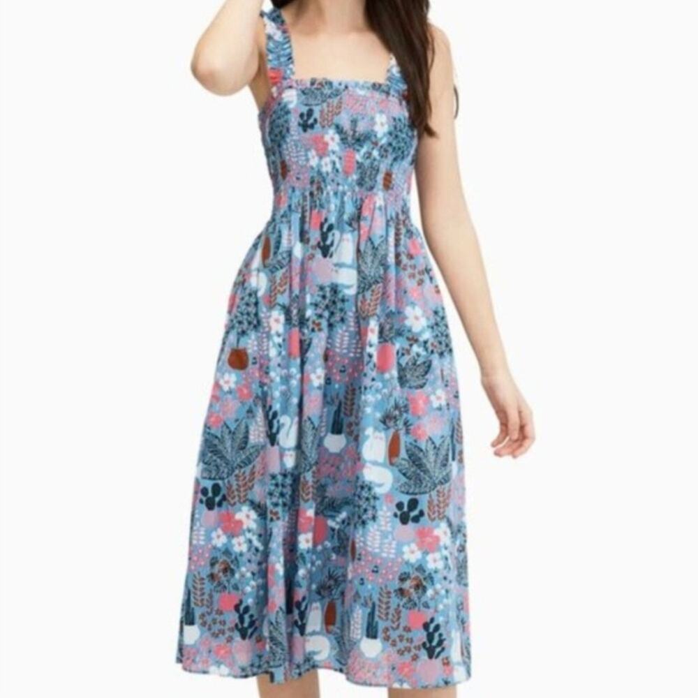 Kate Spade Garden Posy Smocked Midi Dress Floral Cactus Cats Blue Pink Cotton XL